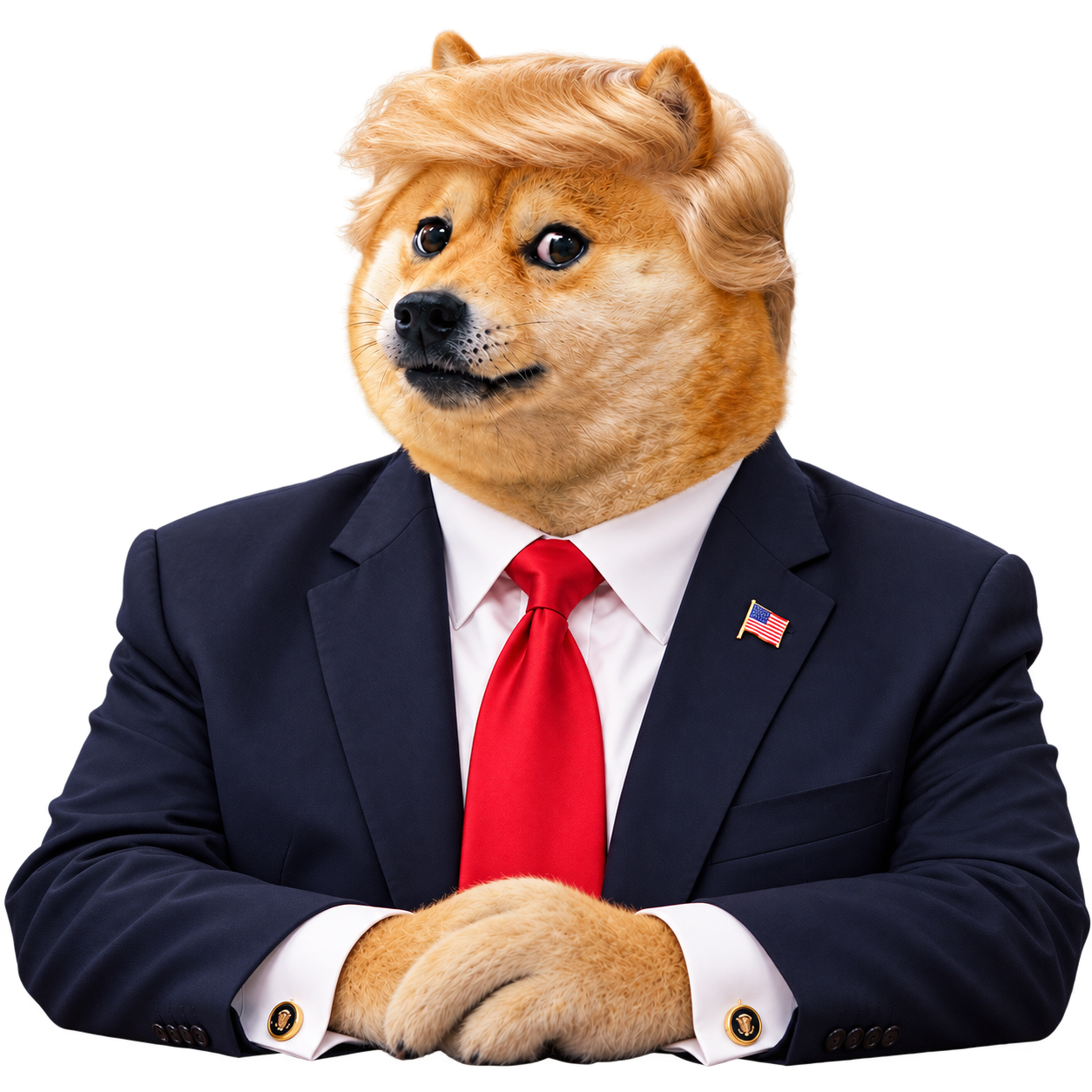 Doge Trump in a navy presidential suit with a red tie